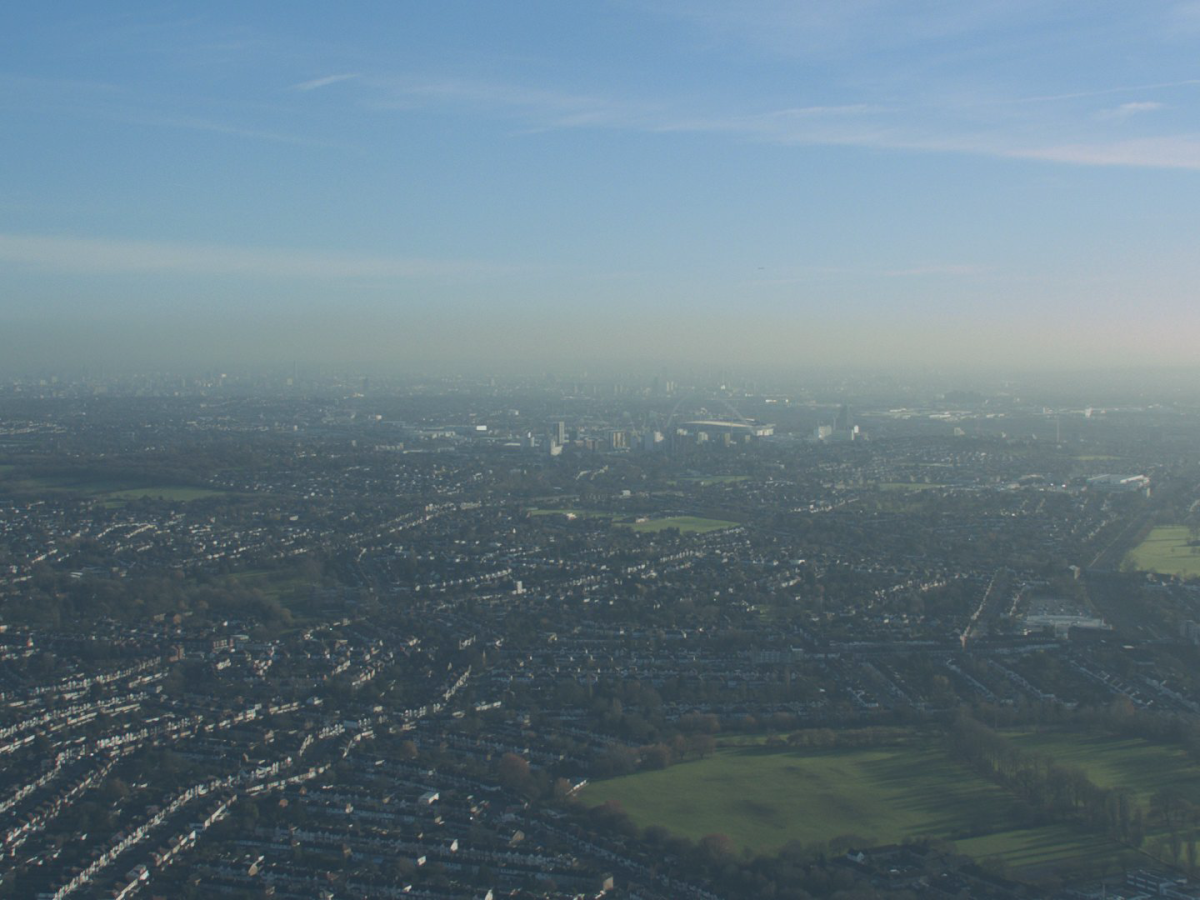 An aerial view across West London towards Grenfell Tower