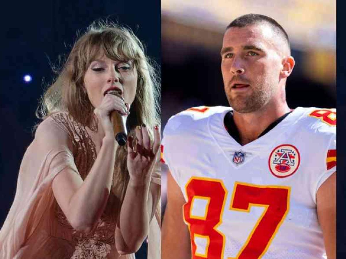 A montage shows Taylor swift leaning and singing into a microphone. And, Travis Kelce in his team's kit.