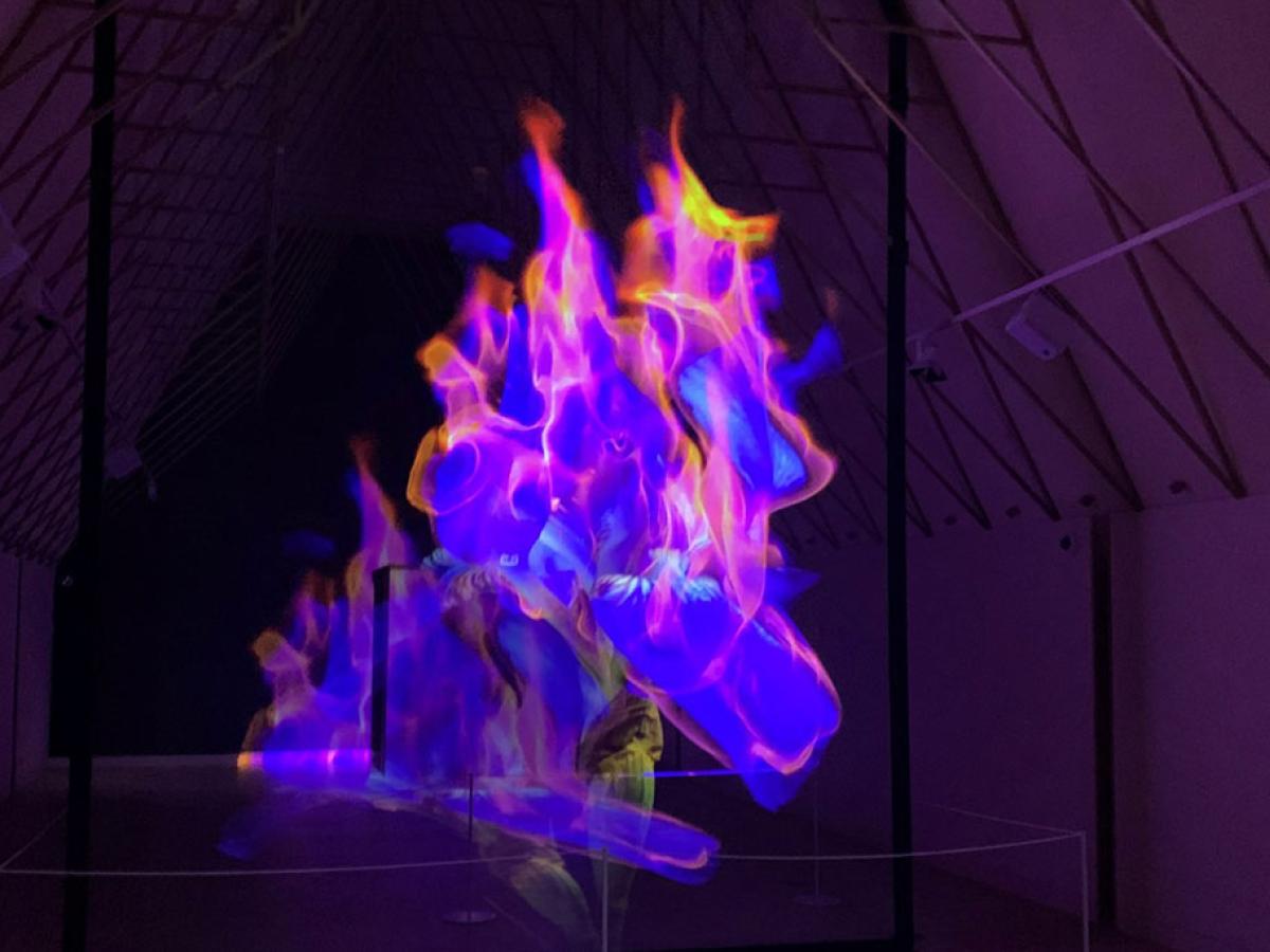 A art installaton showing purple and pink flame-like shapes moving in a darkened room