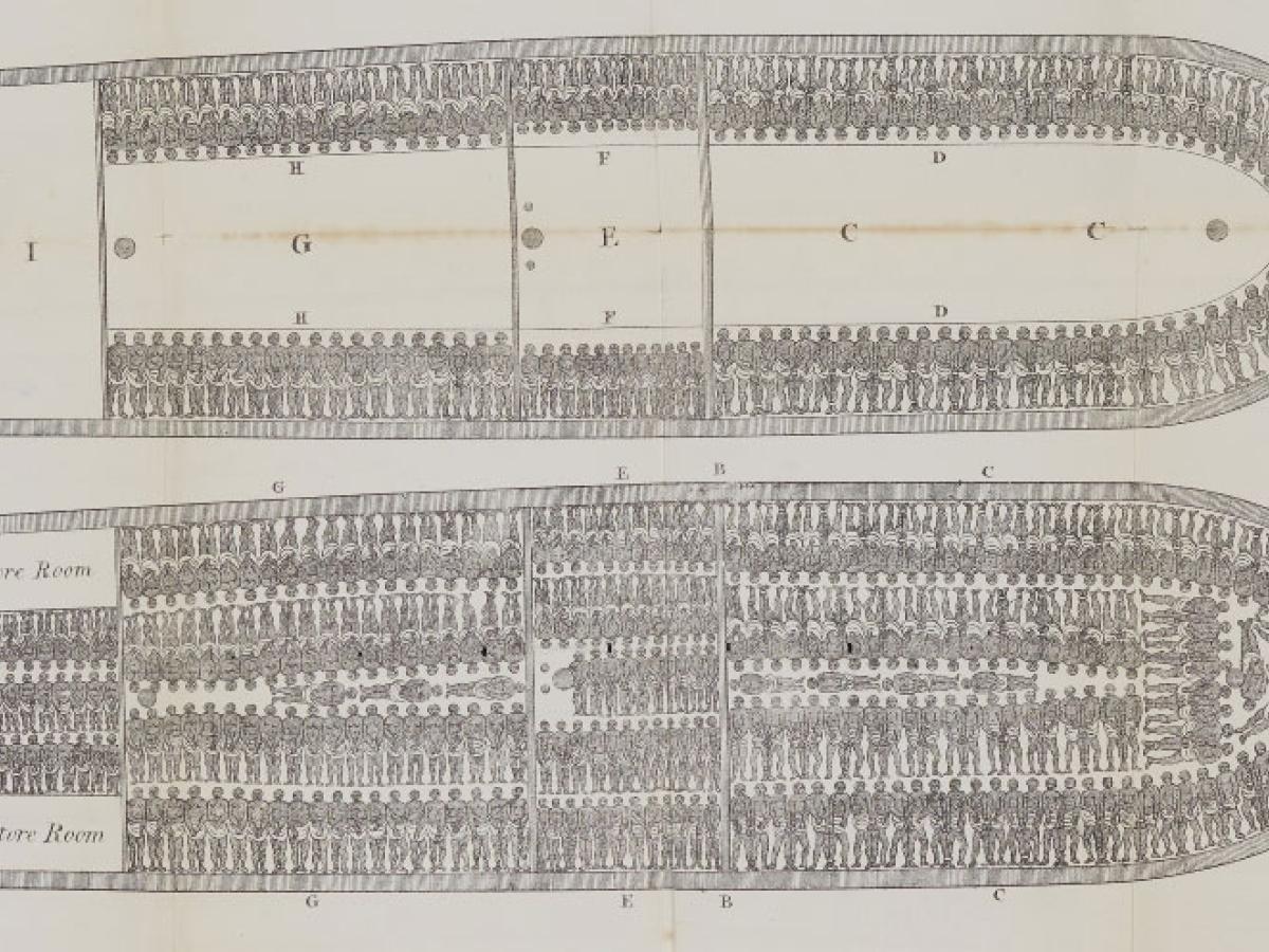 A diagram plan of a slave ship showing hundreds of body outlines.