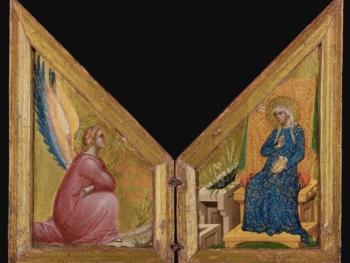 A two sided altarpiece painting shows an angel kneeling on on one side and a Madonna on the right hand side.