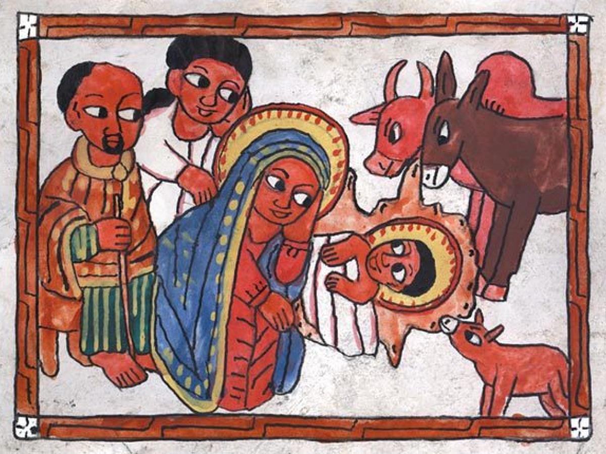 Nativity scene in the style of Eithiopian icon.