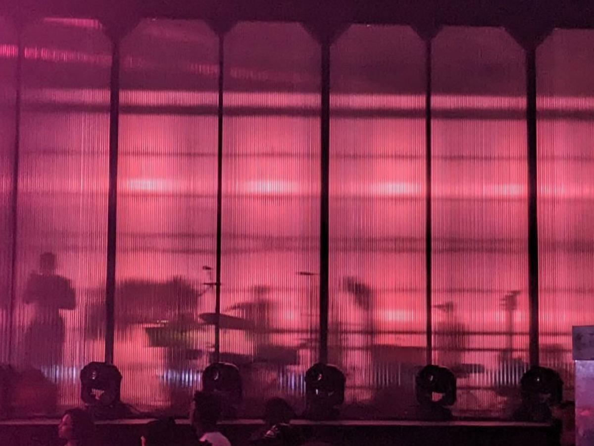 A singer stands beside musical instrument behind pink frosted glass on the front of a stage.