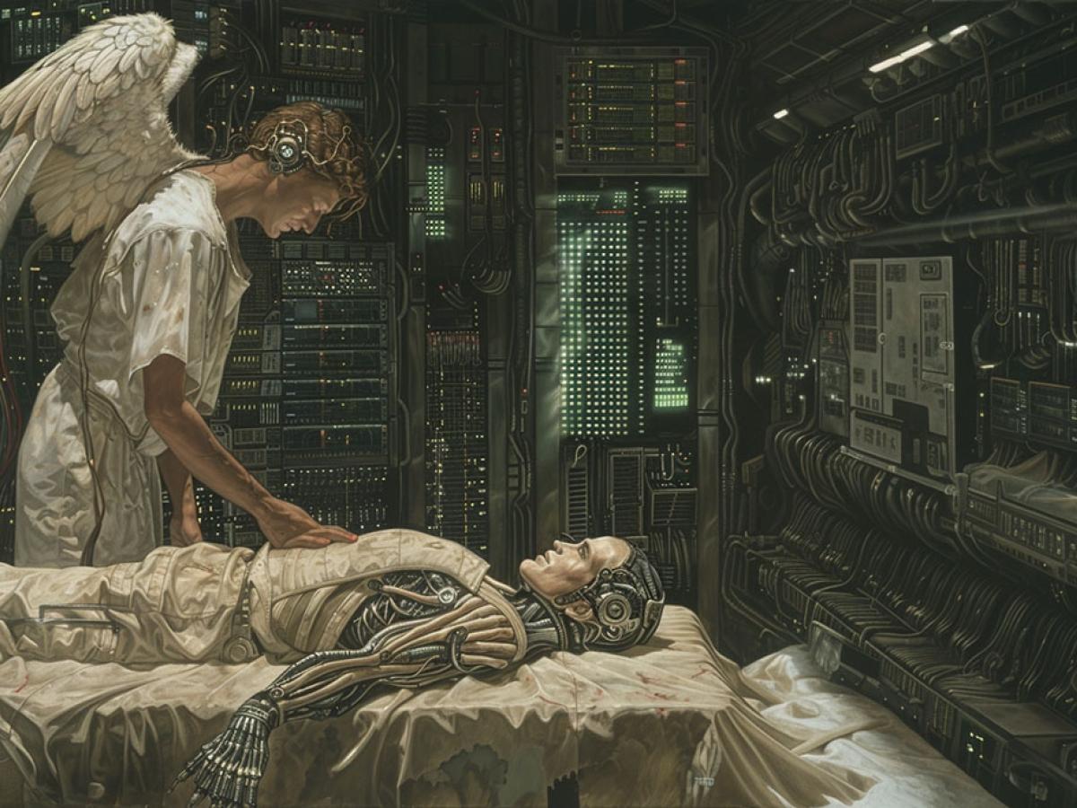 An angel of death lays a hand of a humanioid robot that has died amid a data centre