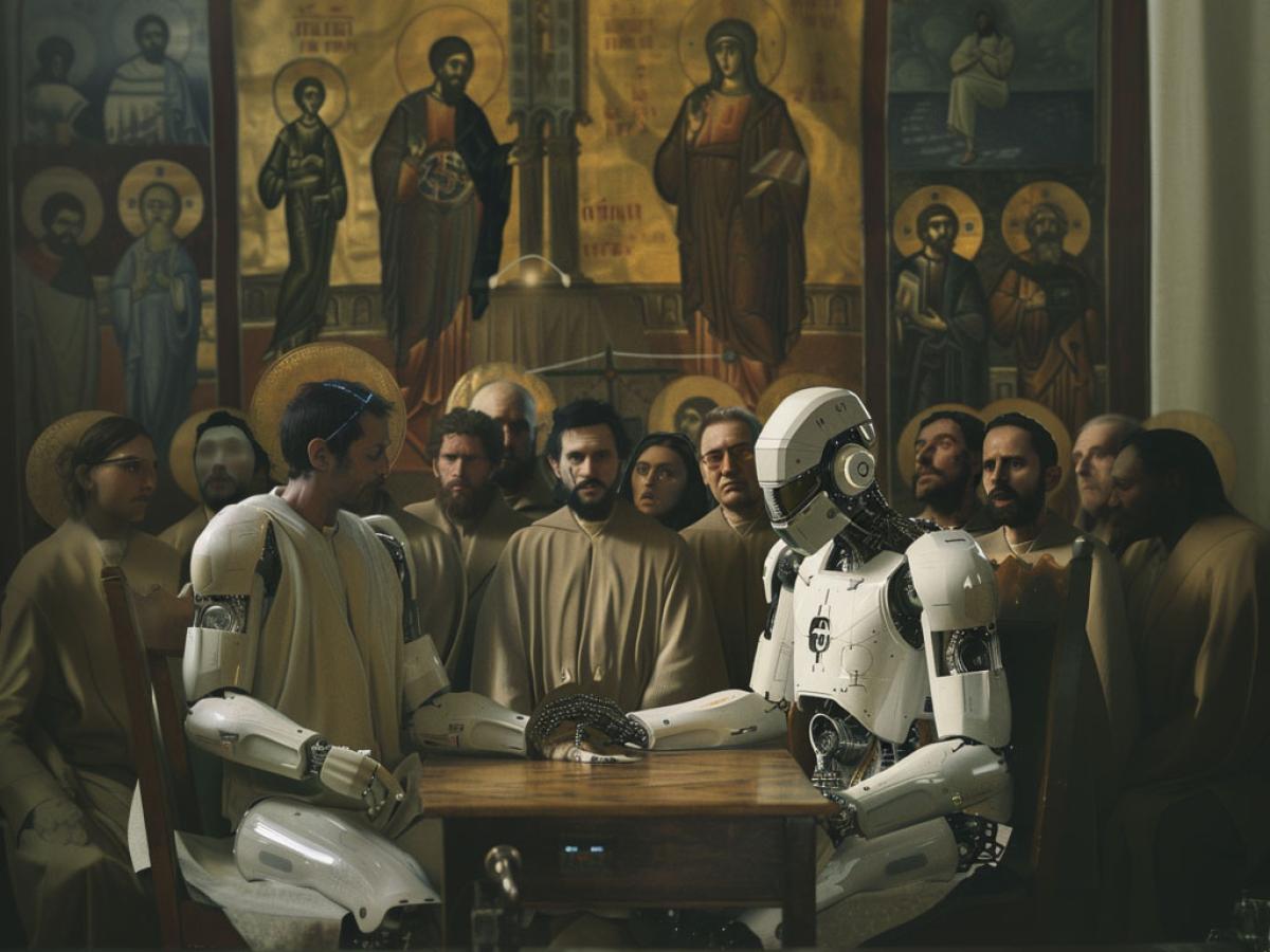 In the style of an icon of the Council of Nicea, theologians look on as a cyborg and humanoid AI shake hands