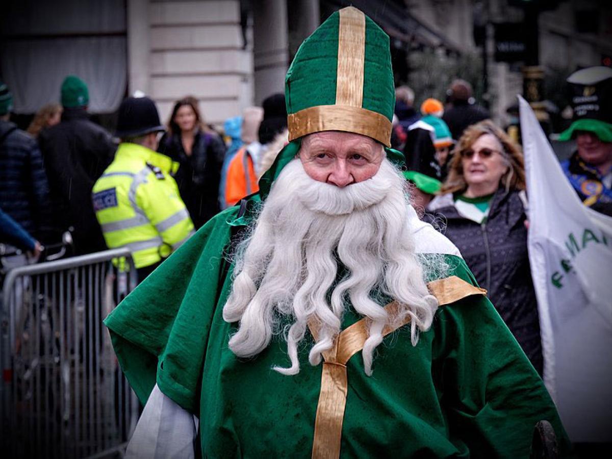 A parade particpant dressed as a bishop in green vestments with a false beard walks down a street.