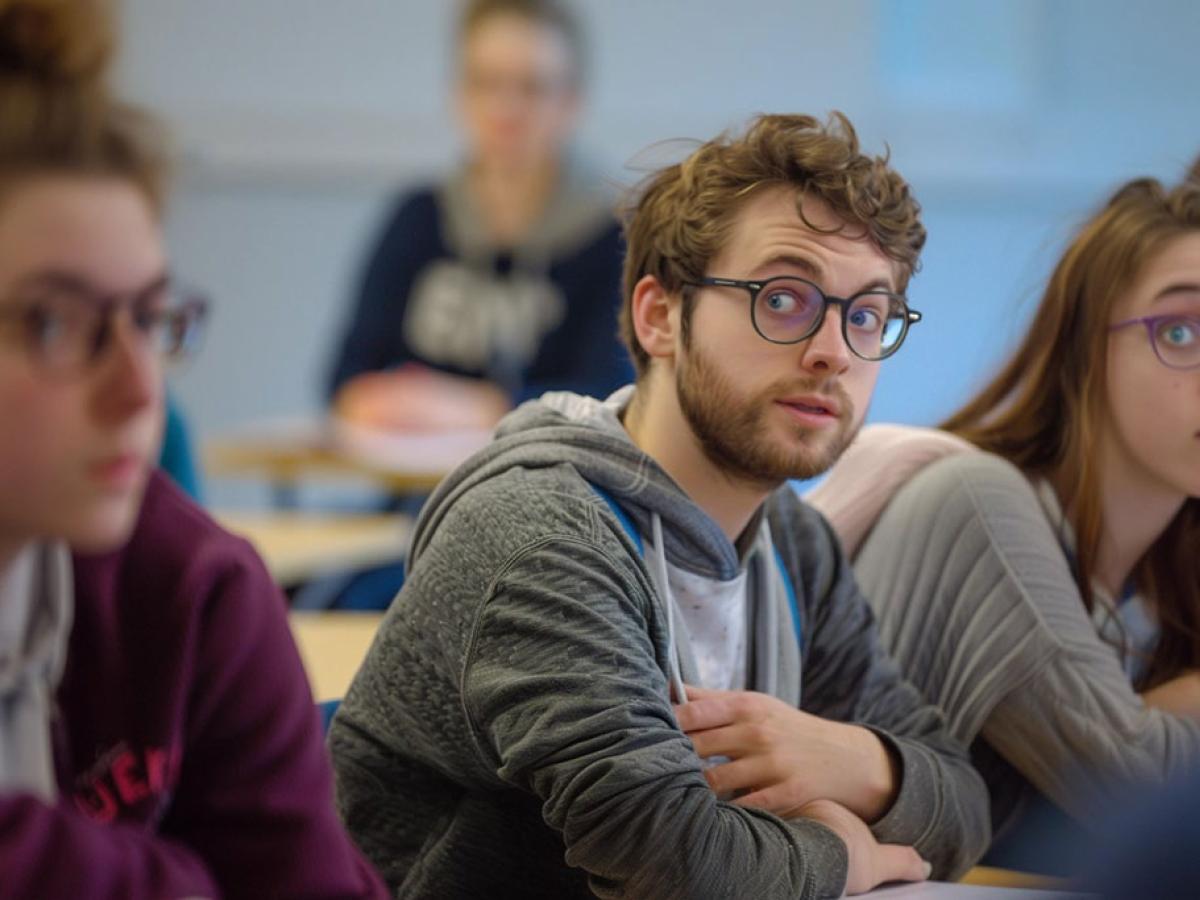 Quizzical-looking students look across a tutorial to others.