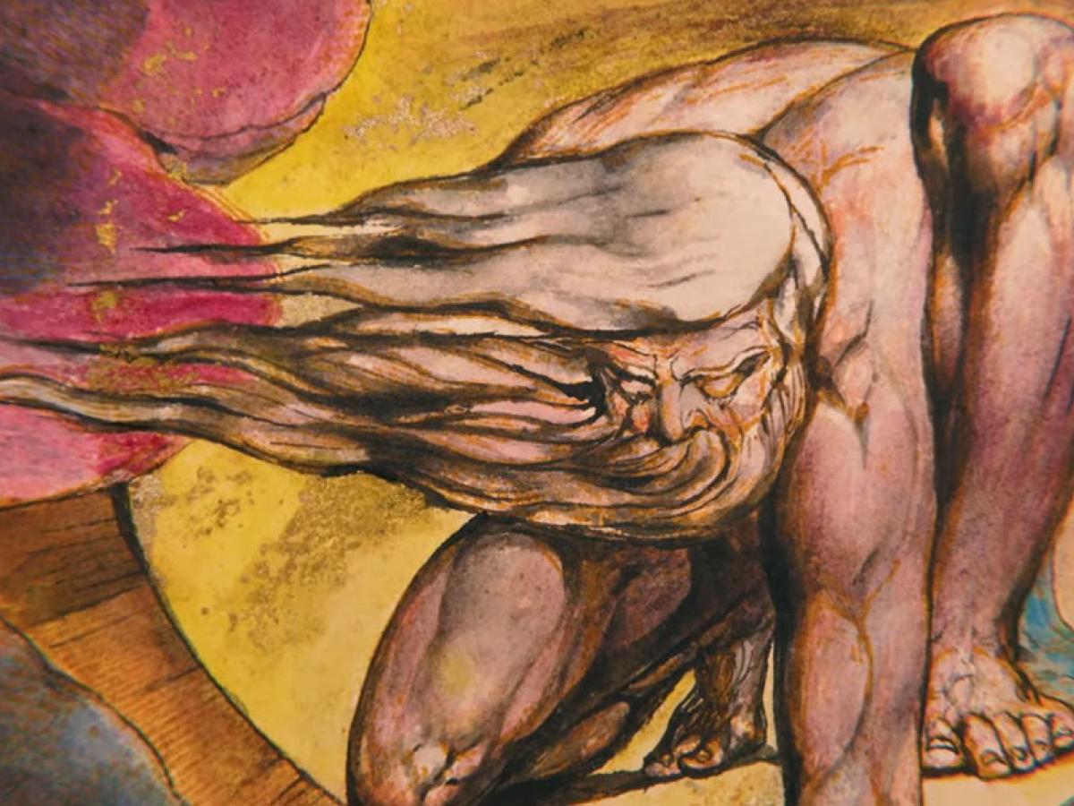 William Blake's illustration of God squatting down to create with his hair and beard blown to one side