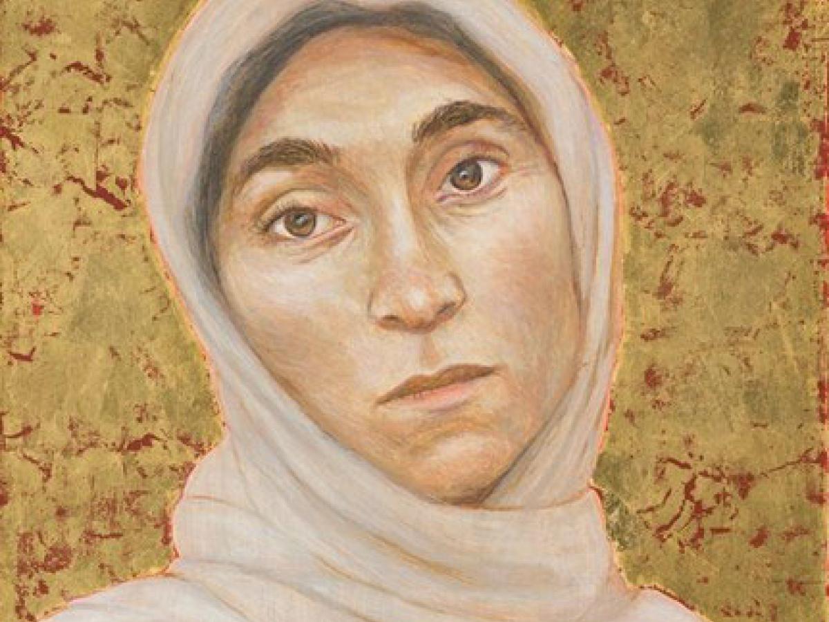 A portrait of a white-shawled woman against a golden background.