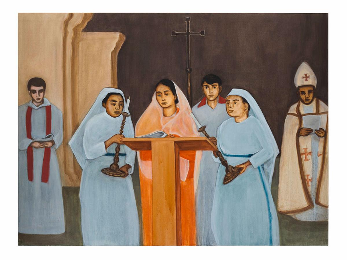 a painting shows Bengali celebrants of a Eucharist.