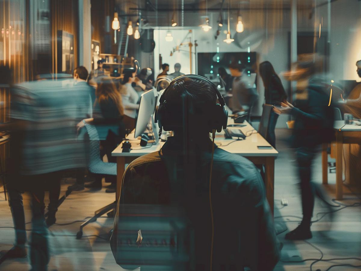 A office worker wearing headphones looks out of a hectic and loud office space around which people are moving