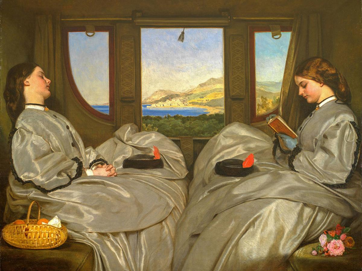 A painting shows two 19th century women in a carriage, one reading as the others snoozes.