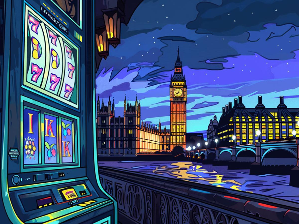 A cartoon depicts a slot machine opposite the Houses of Parliament