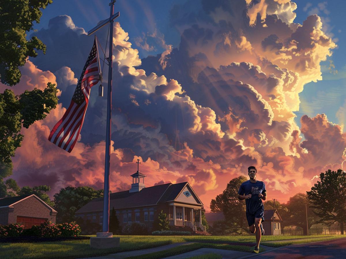 A runner passes a church and a flag in an America suburb, under billowing clouds.