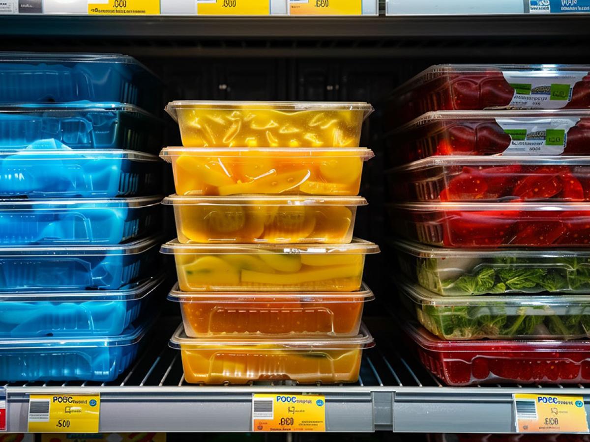 Three piles of ready-meals sit on a shelf. One stack is blue, the next yellow and the third red.