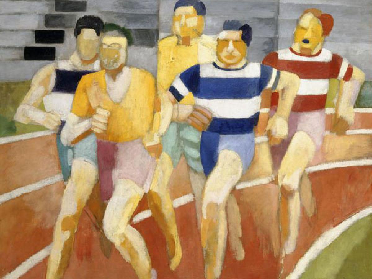 An impressionist painting of runners bunched together on the bend of a track.