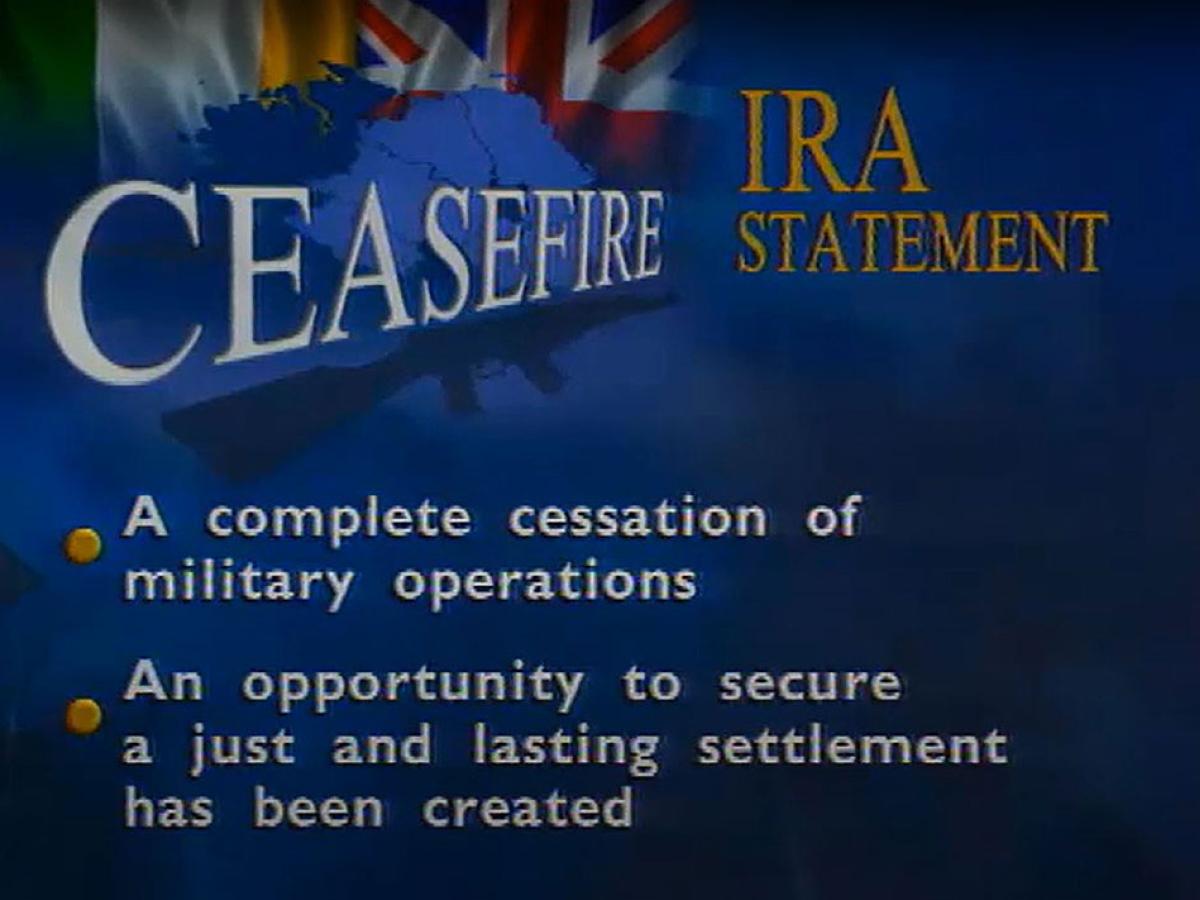 A TV graphic labelled 'ceasefire' lists bullet points