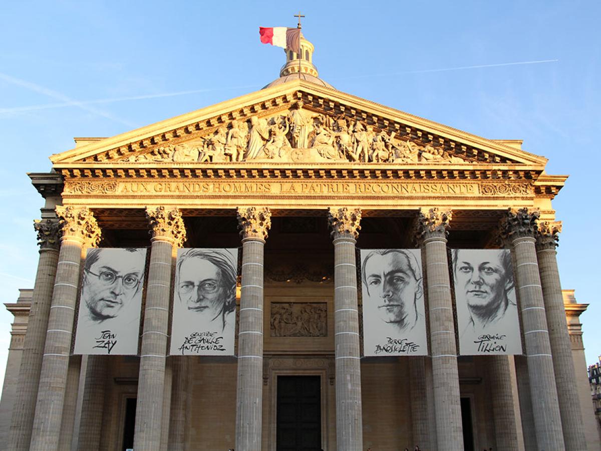 Paris' Pantheon temple displays a flag and banners.