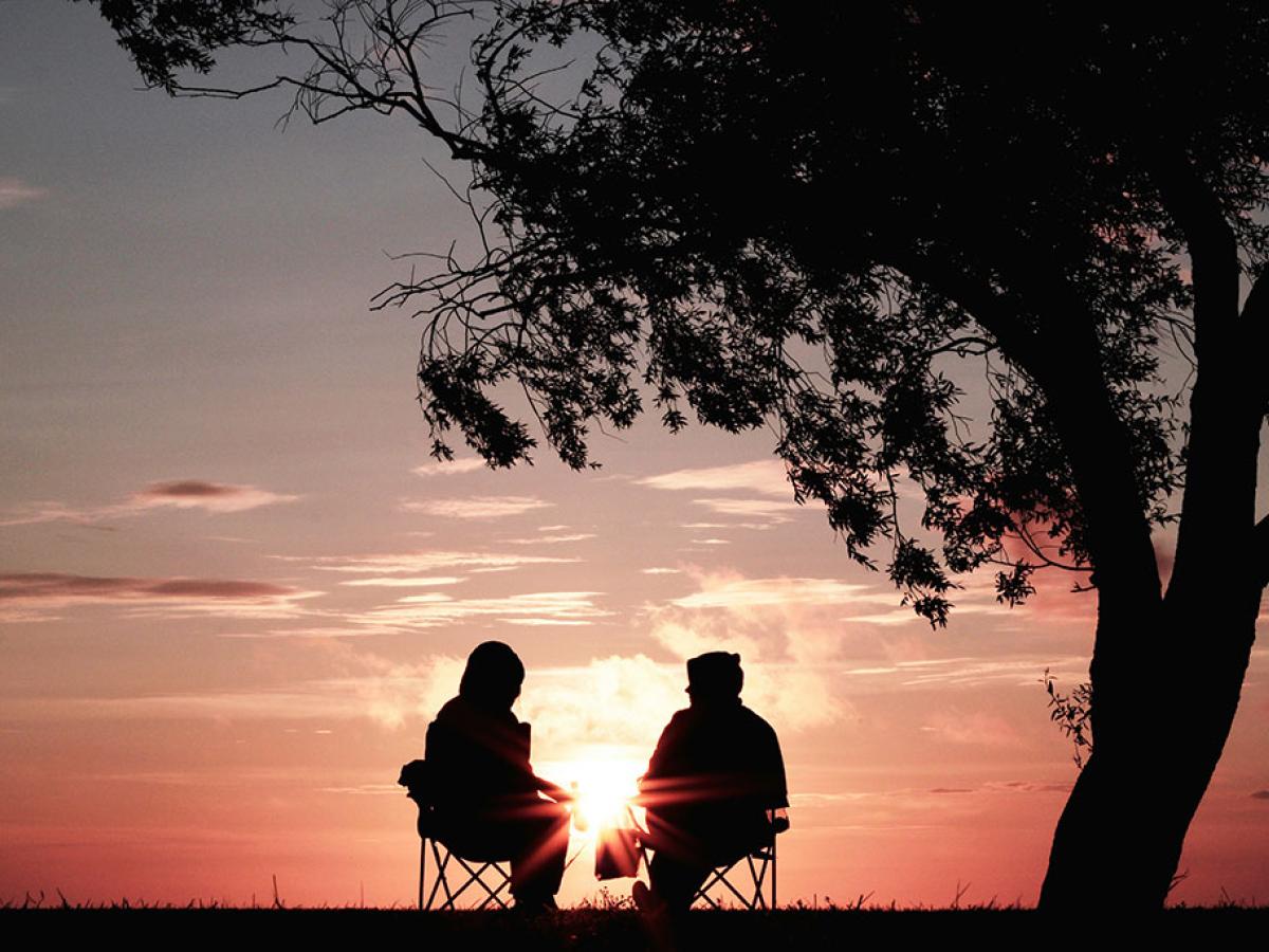 Under a tree, backlit by a sun set, two people sit in chairs outside and talk.