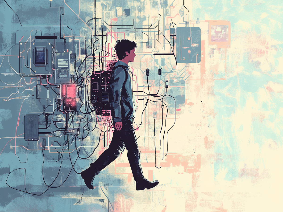 A person wearing a heavy backpack of tech, connected by tangled cables to other technology behind him, walks towards a simpler space.