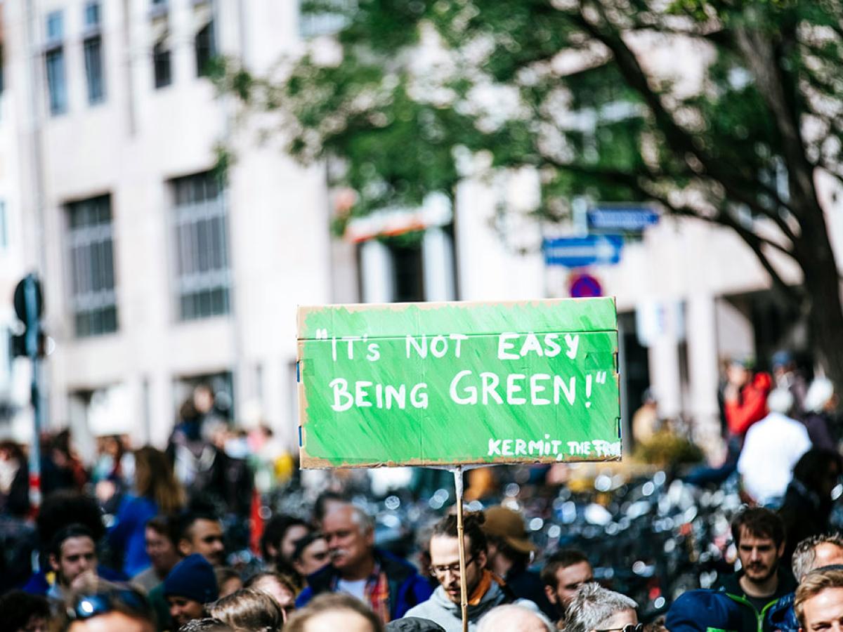 A protester holds up a green sign reading: 'It's hard to be green. Kermit'.