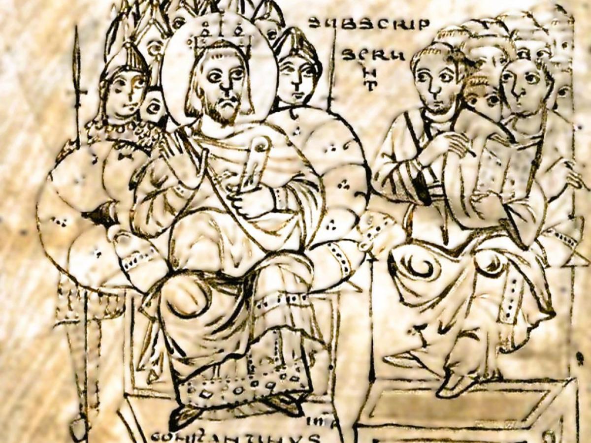 A ink drawing of Constantine the Emperor on a throne listening to people showing him books. 