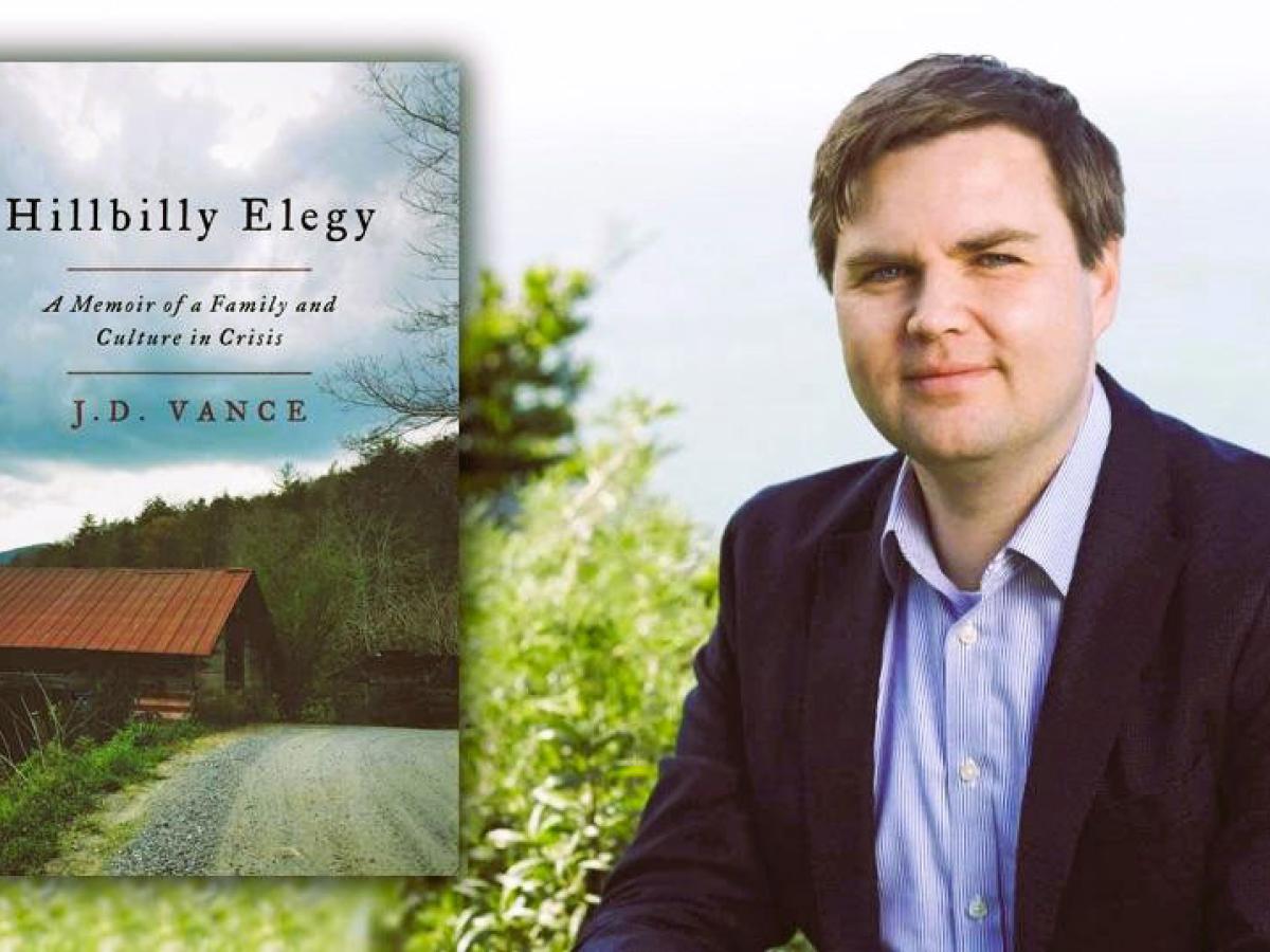 A book's front cover beside a portrait of the author, JD Vance