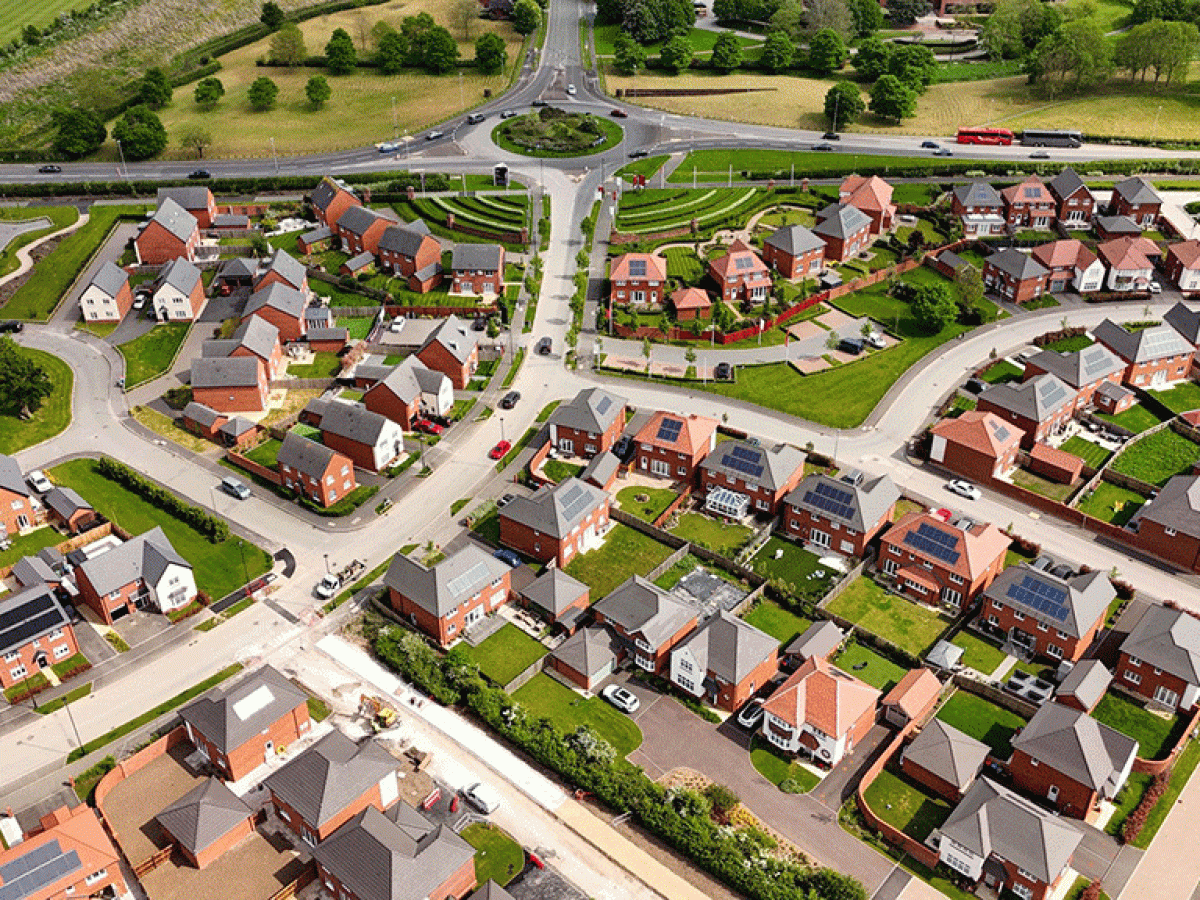 A CGI of a new housing estate viewed from above. 