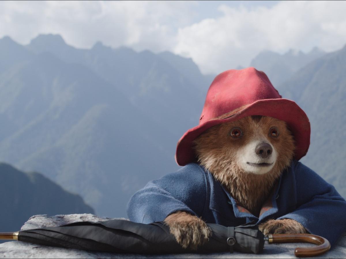 A cartoon bear, wearing a blue duffel coat and red hat, rests his arms on a rock against a mountainous background