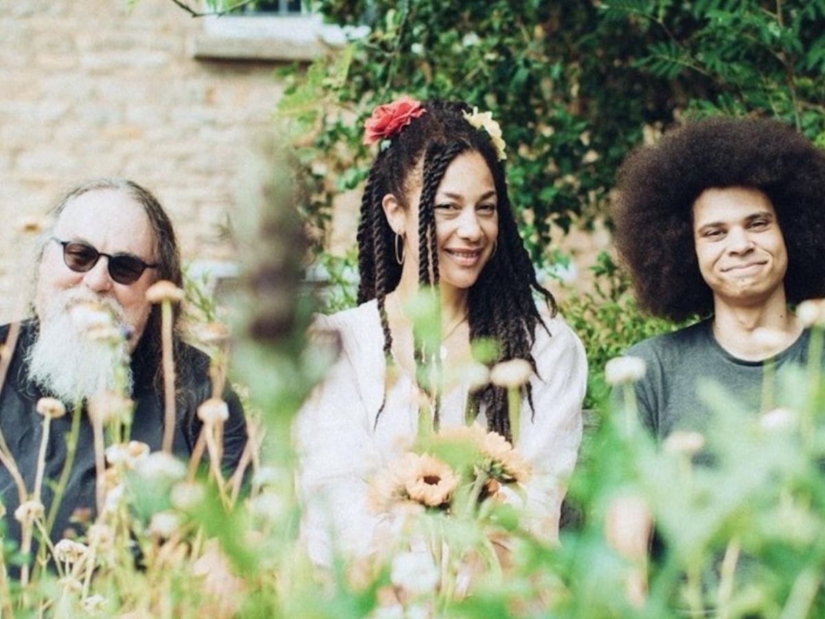 three folk musicians face the camera across a meadow