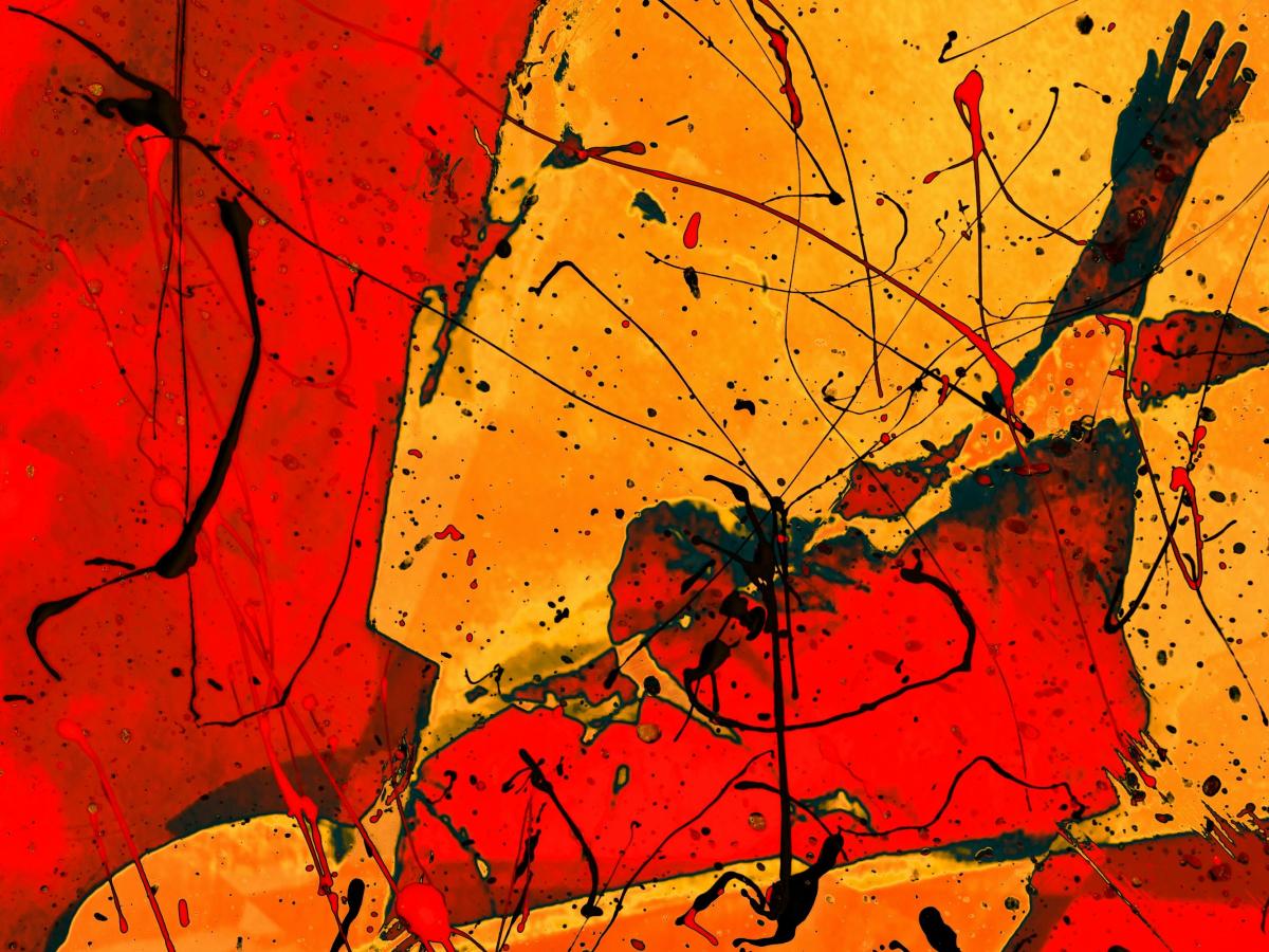 An abstract image of red and gold fluid shapes akin to stained glass, seem to depict a face and an upstretched hand.