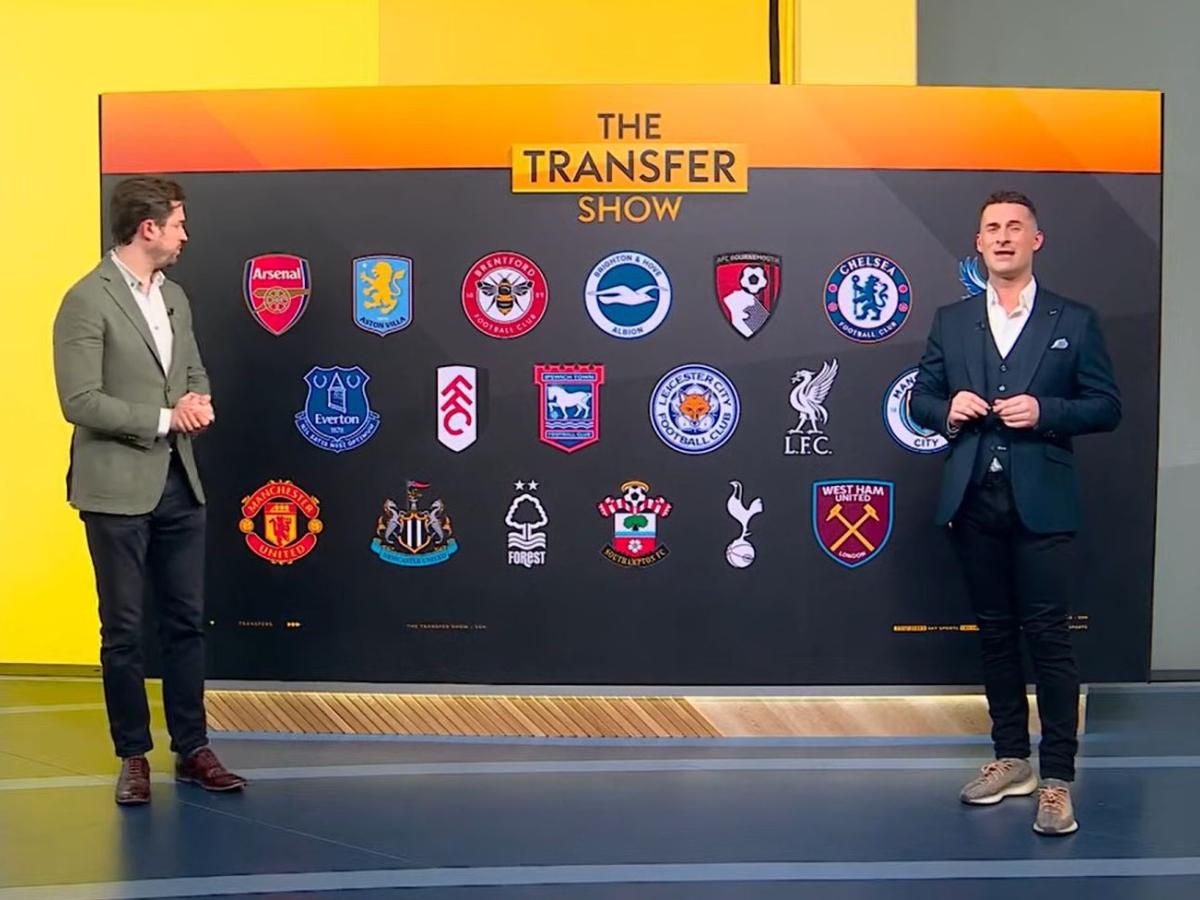 TV presenters stand eith side of a large screen showing football team badges.