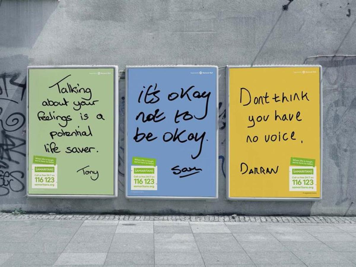 Three posters with suicide prevention messages.
