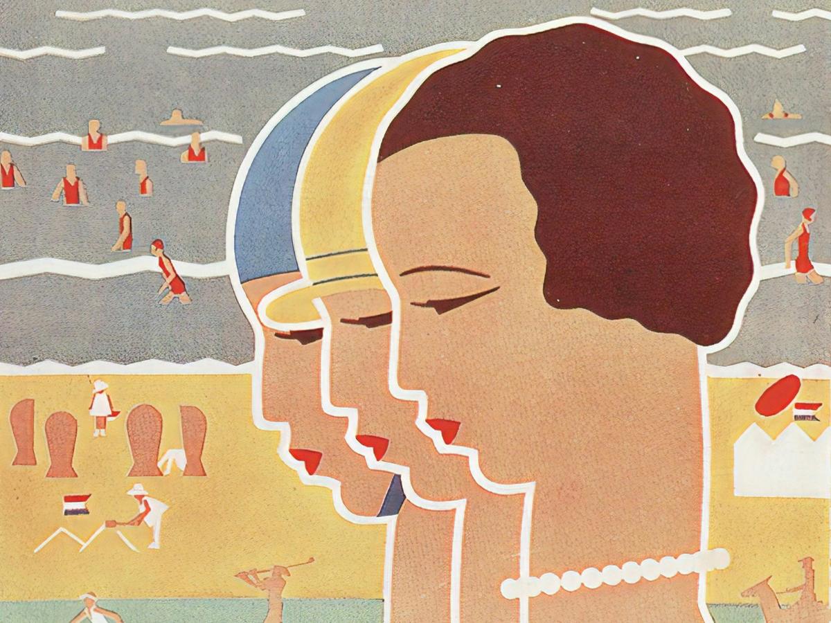 An art deco poster shows the heads of three woman against a beach background.