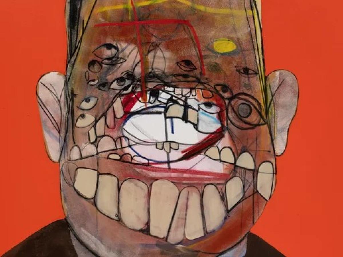 AN experessionist painting shows a face with a large open smile and many eyes.