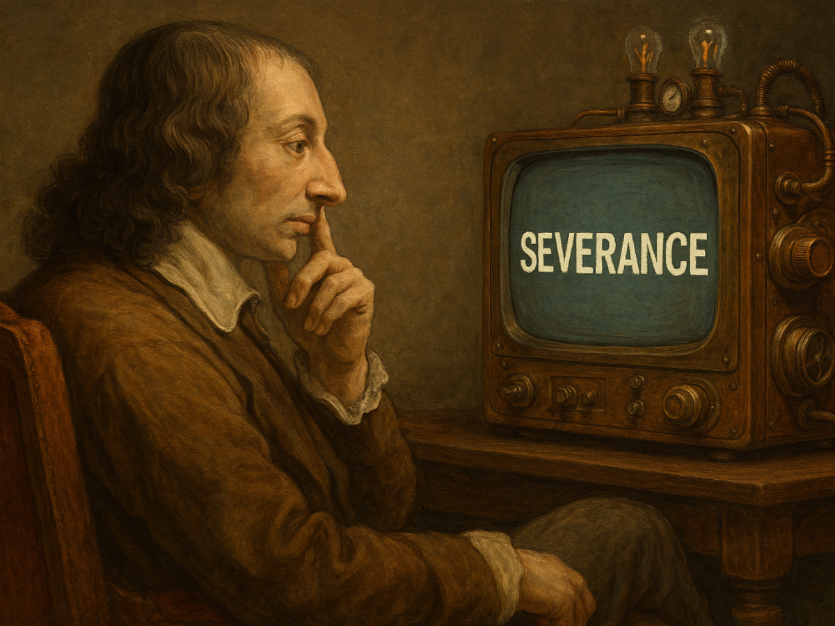 Pascal ponders a steampunk TV showing Severance.