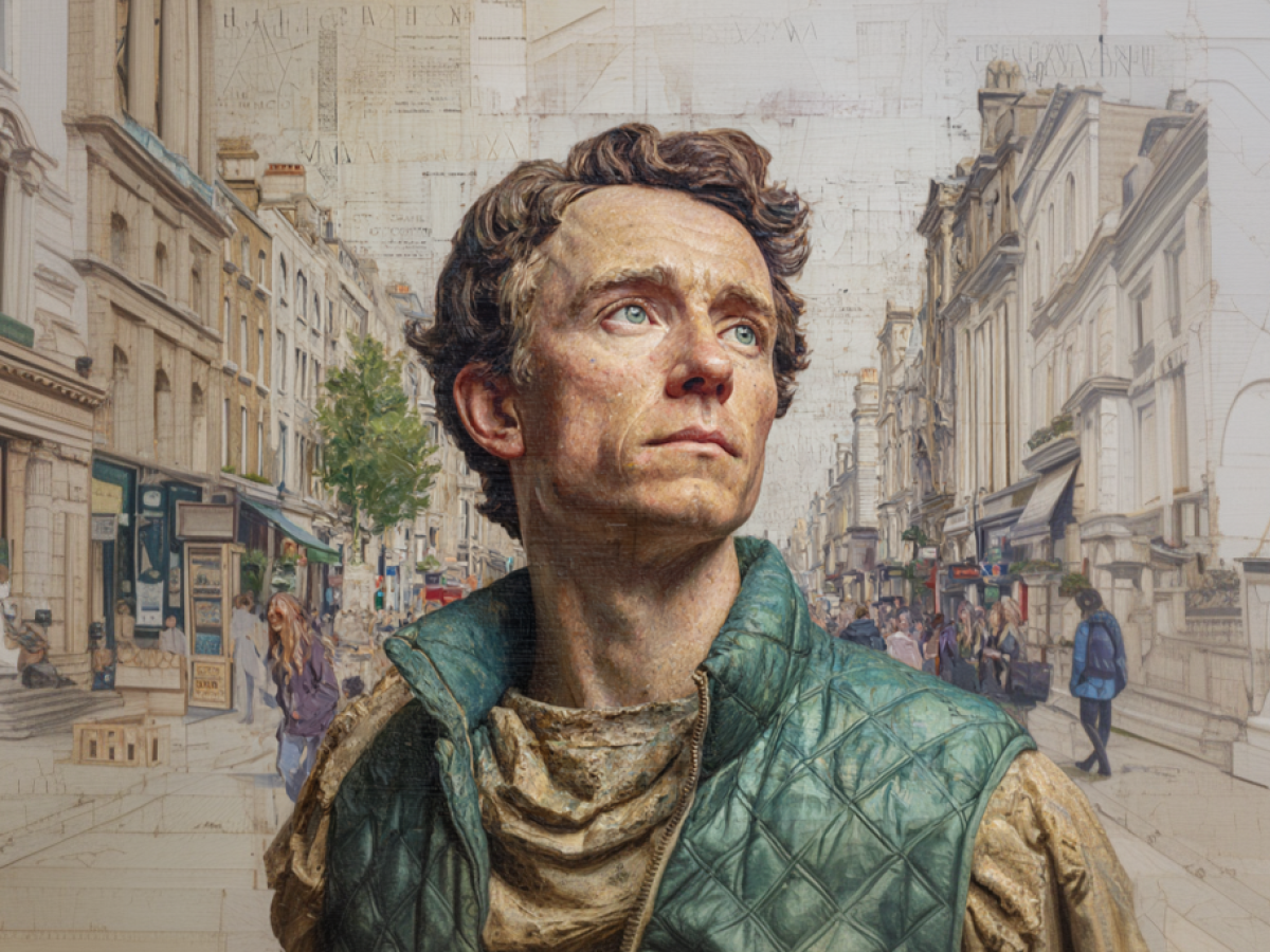 An AI image shows a contemporary man looking to the distance in a heroic pose.