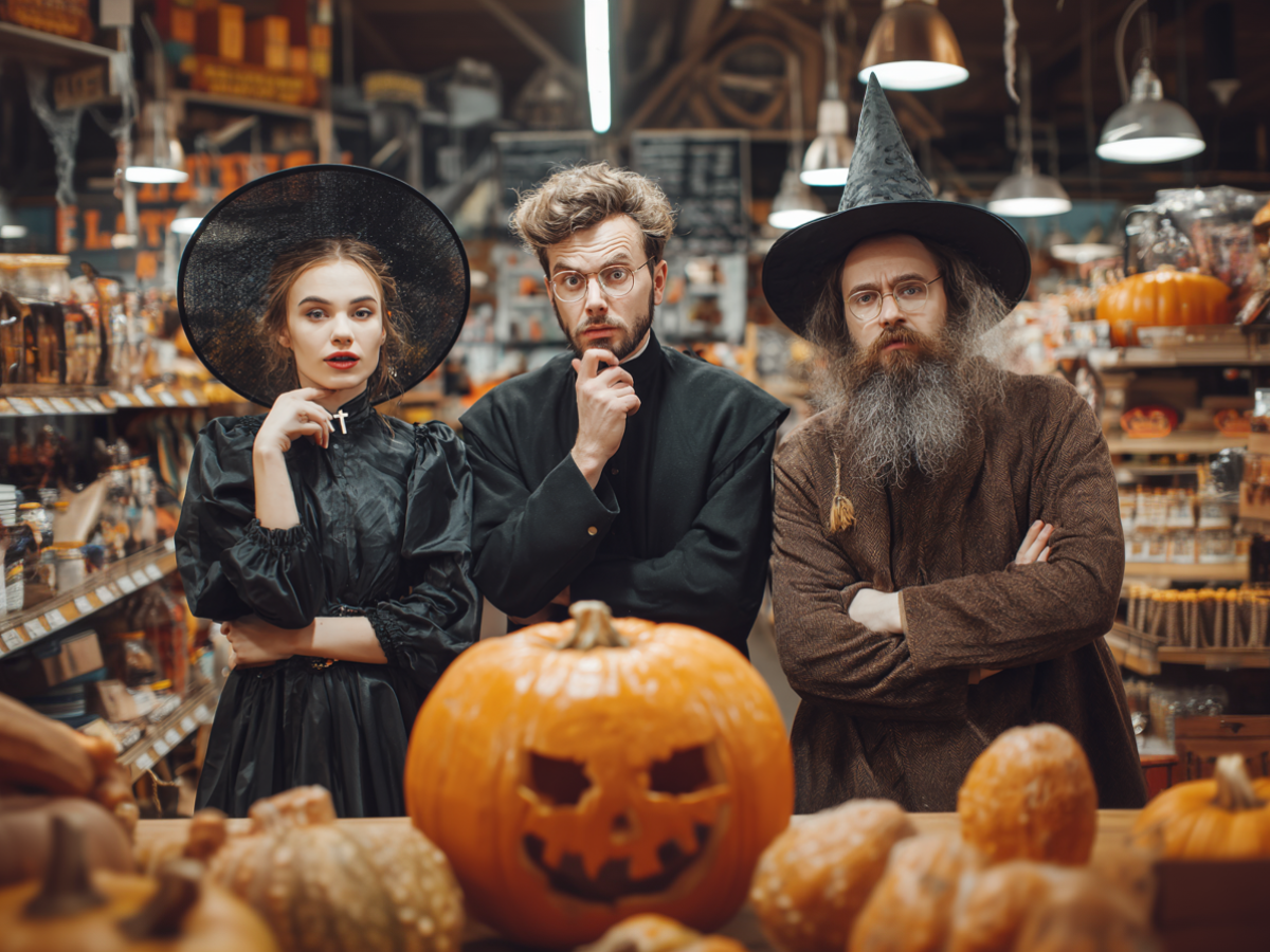 A witch, a priest and a druid stand in a store and look quizzically towards a halloween pumpkin