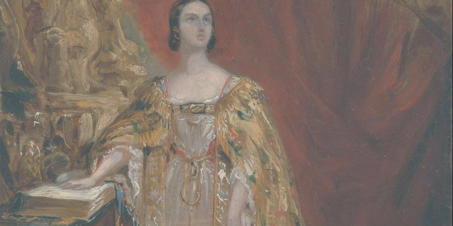 A painting shows a young Queen Victoria, in her coronation dress, resting one hand on the bible, taking her oaths