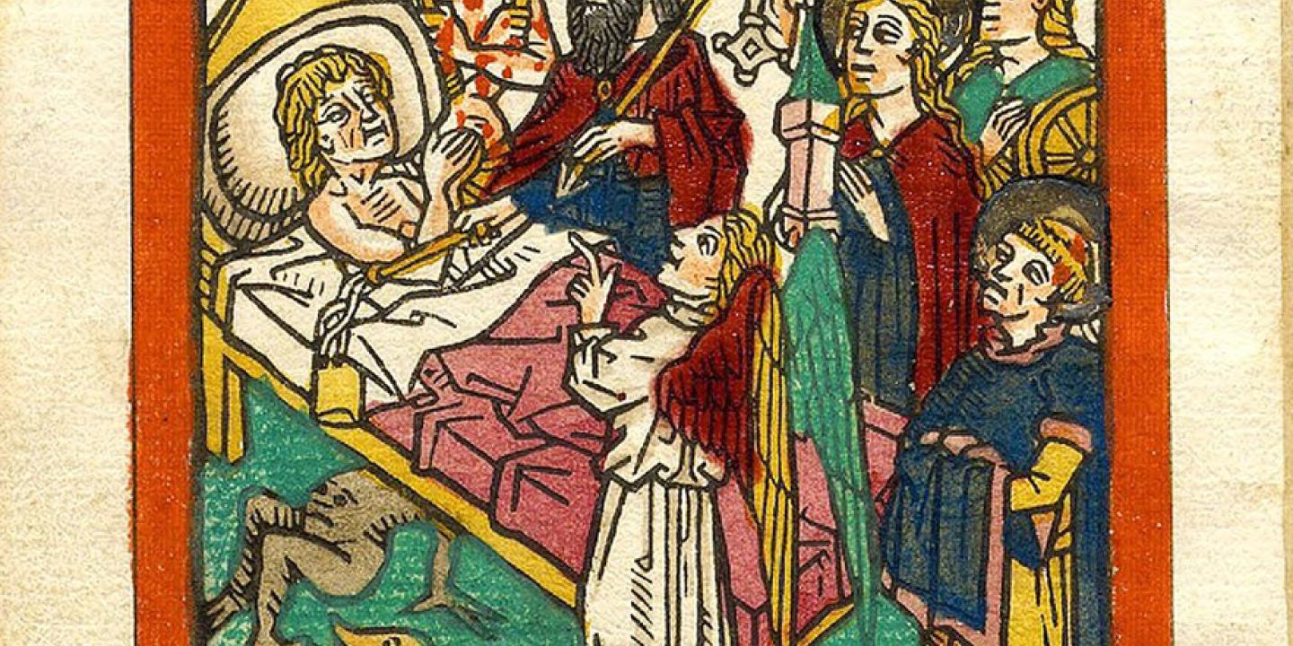 A medieval book illustration of a person dying in bed.