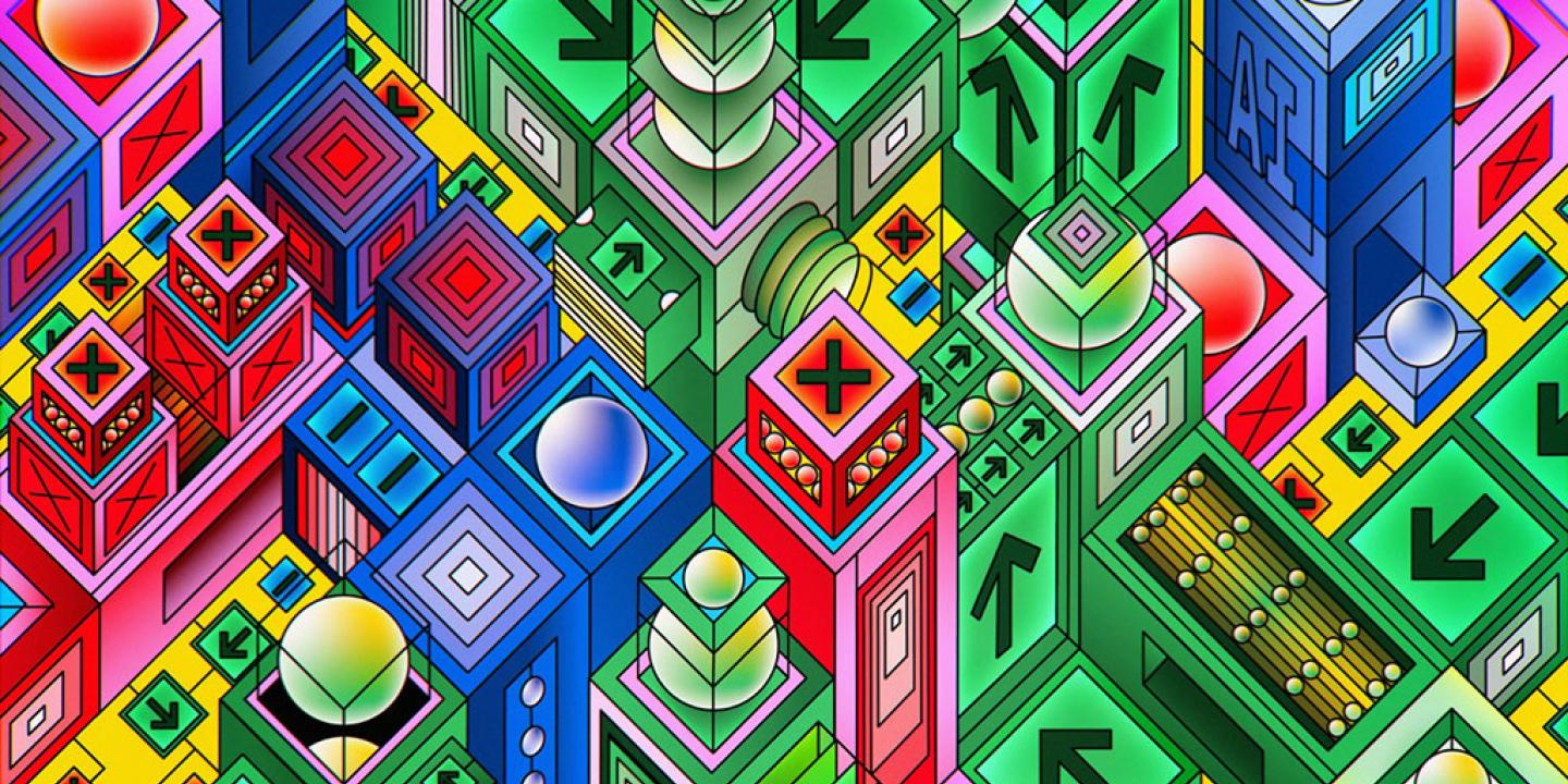 A abstract grid of colourful cubes with arrows, crosses and cubes, viewed from above and at an angle