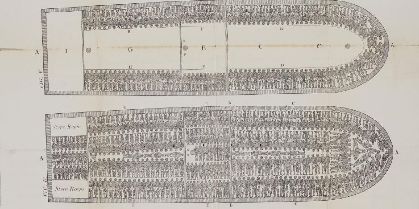 A diagram plan of a slave ship showing hundreds of body outlines.