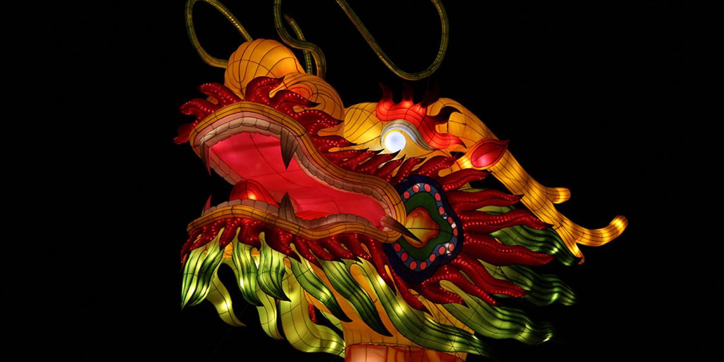 The head of a giant paper dragon glows orange and red against a night sky.