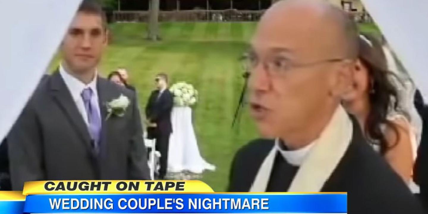 A screen grab of a news report; a priest looks angry turning away from a wedding couple. The caption reads: Wedding couple's nightmare. Priest stops wedding, scolds photographer