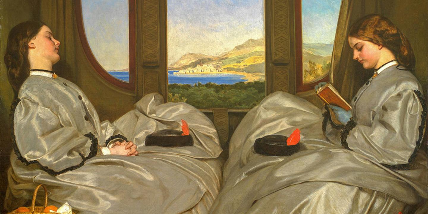 A painting shows two 19th century women in a carriage, one reading as the others snoozes.