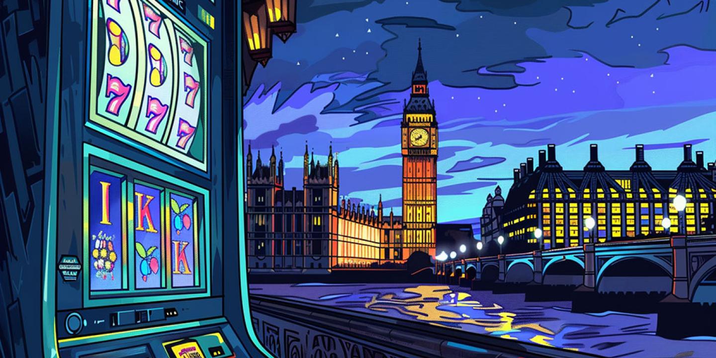A cartoon depicts a slot machine opposite the Houses of Parliament