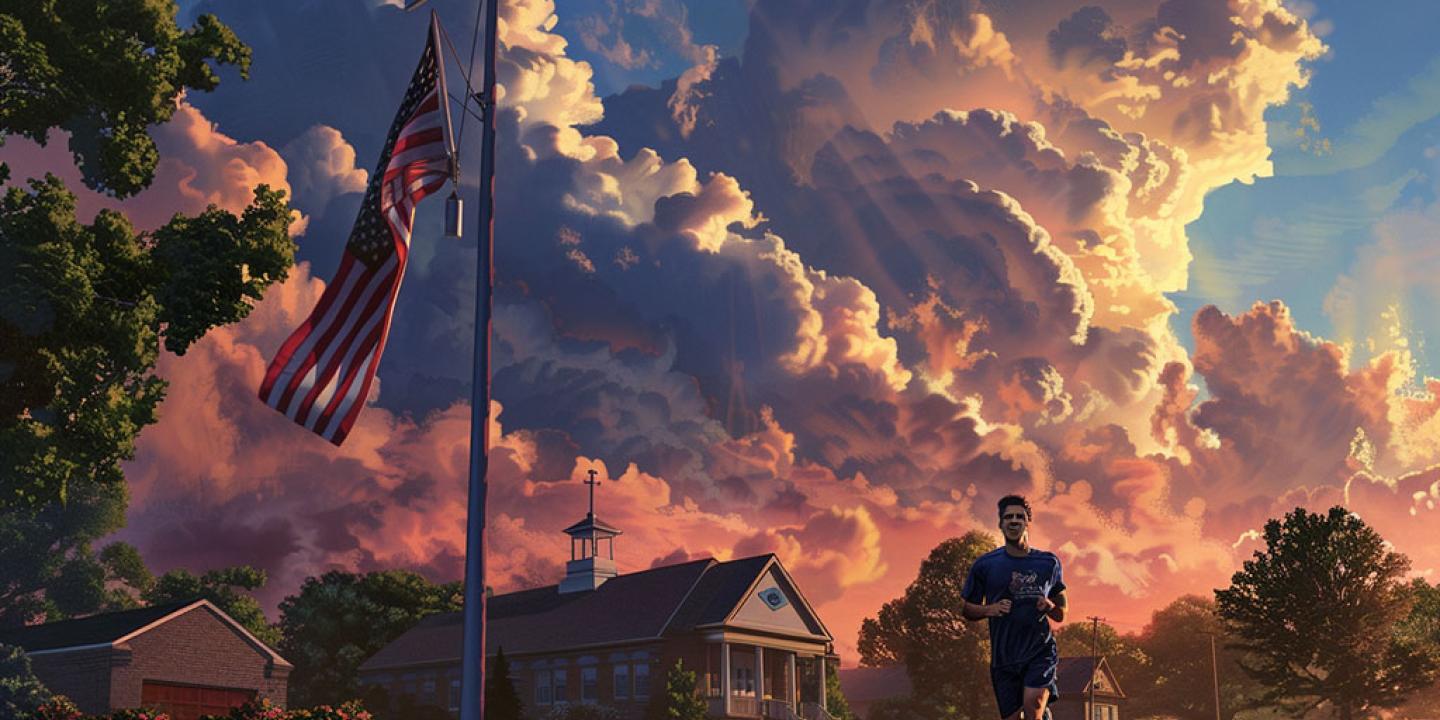 A runner passes a church and a flag in an America suburb, under billowing clouds.