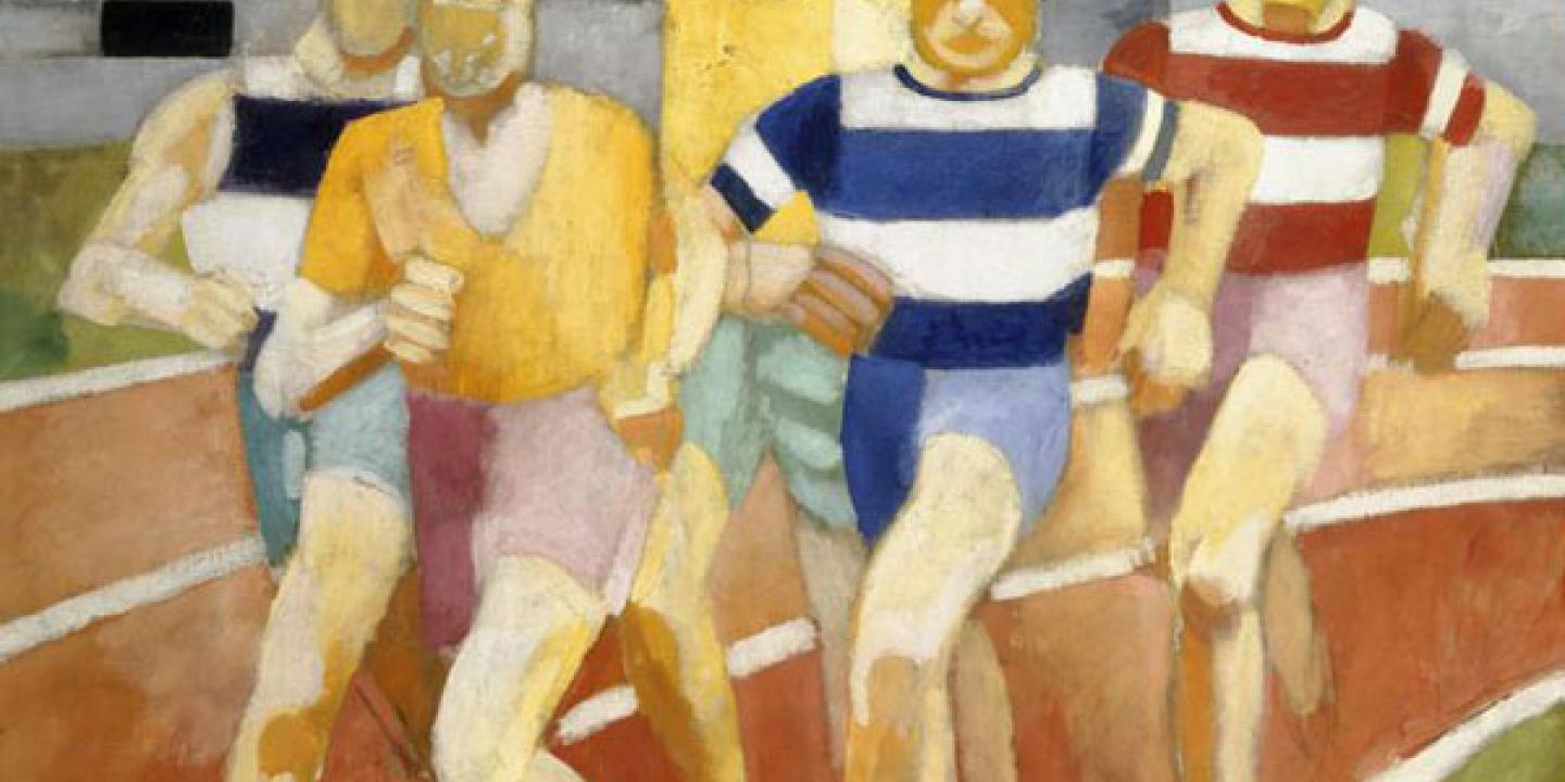 An impressionist painting of runners bunched together on the bend of a track.