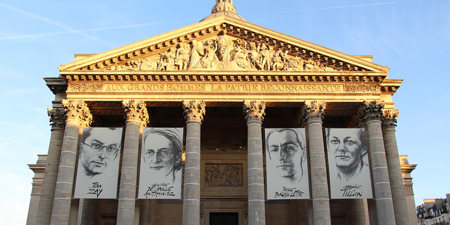 Paris' Pantheon temple displays a flag and banners.