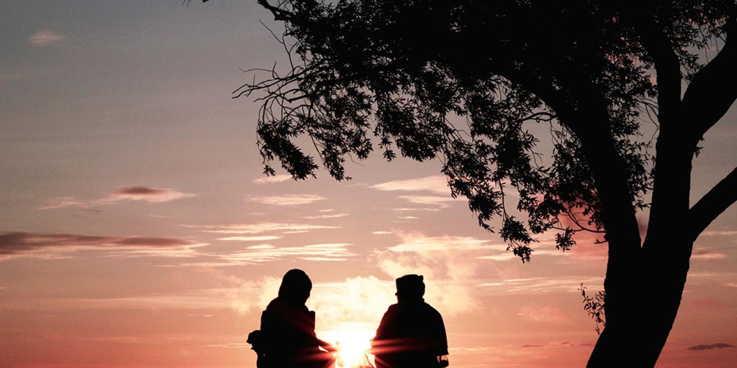 Under a tree, backlit by a sun set, two people sit in chairs outside and talk.